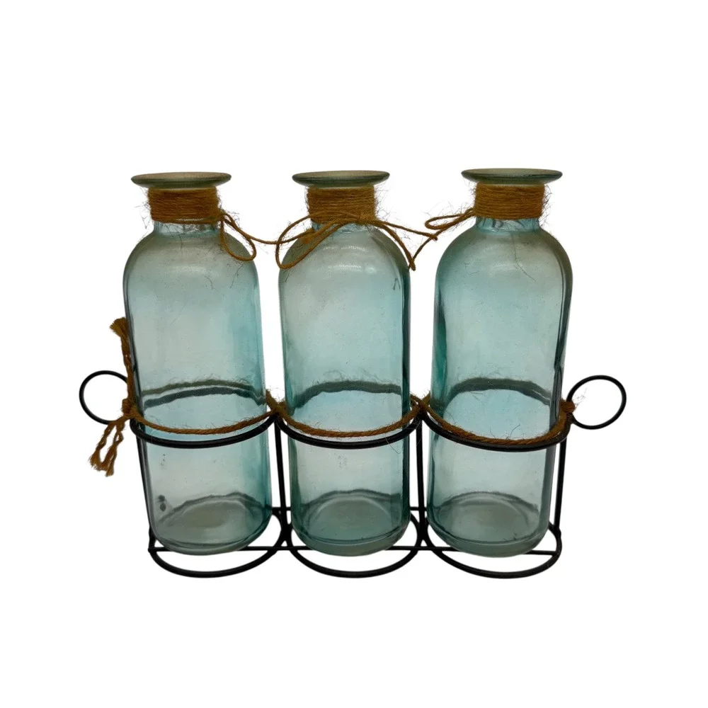Unbranded Blue Glass Bottle Set 3 Piece with Metal‎ Rack Farmhouse Decor